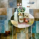 Stilleben mit Blumenvase auf einem runden Tisch, 2001, Öl auf Leinwand, 80 x 60 cm , Inv.Nr. B09-259